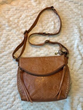 The Sak Silverlake Tan Brown Embossed Leather Crossbody Flap Brass Studs